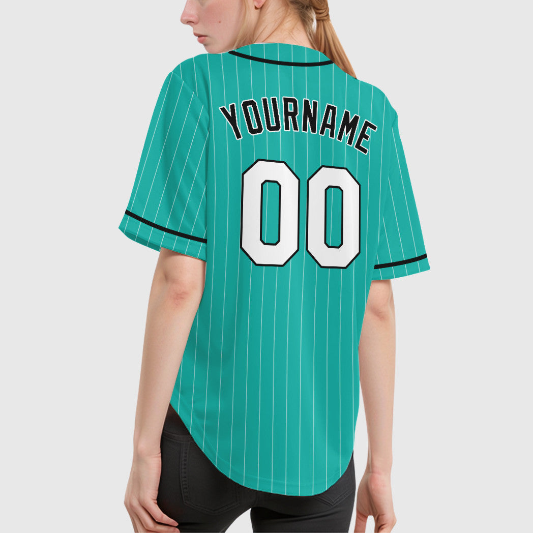 Custom Aqua White Black Piping Pinstripe Baseball Jersey