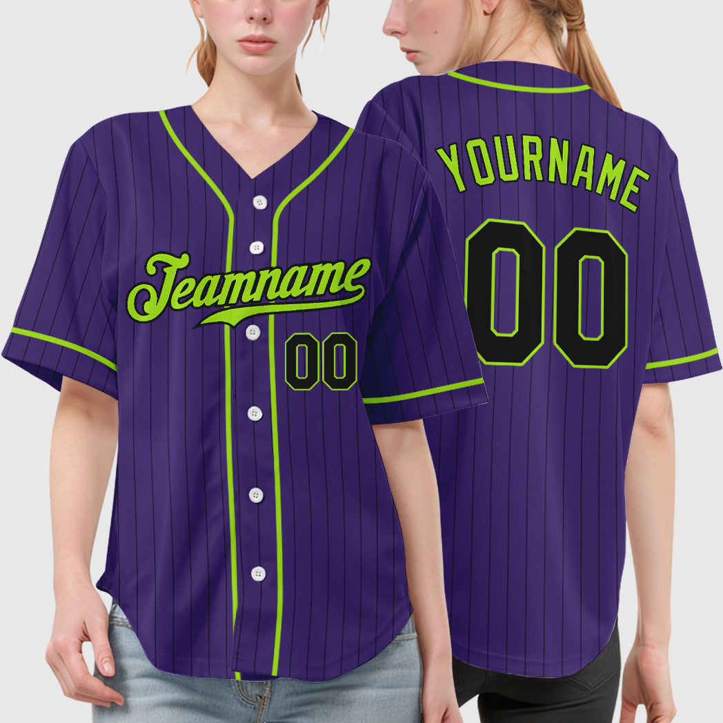 Custom Purple Black Neon Green Piping Pinstripe Baseball Jersey