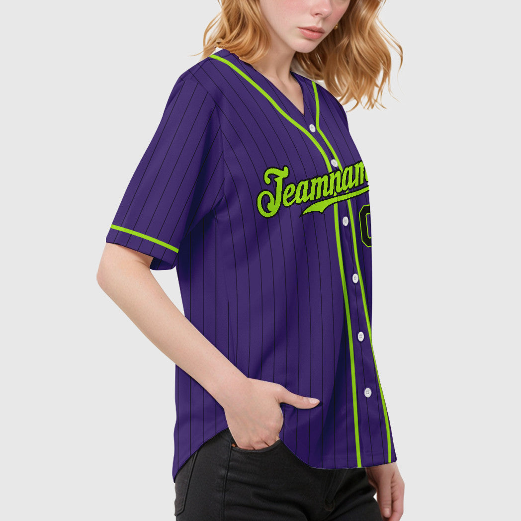 Custom Purple Black Neon Green Piping Pinstripe Baseball Jersey