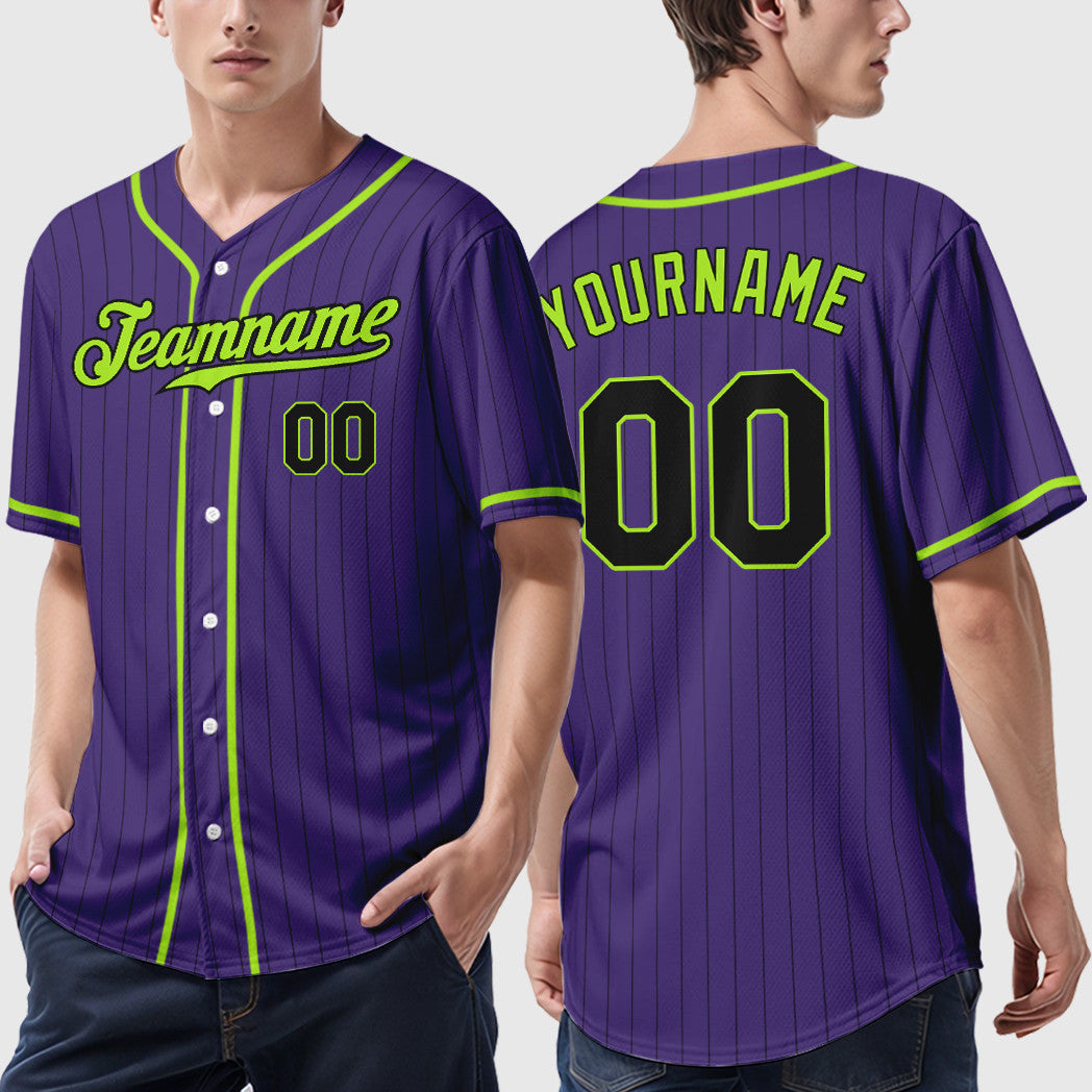 Custom Purple Black Neon Green Piping Pinstripe Baseball Jersey