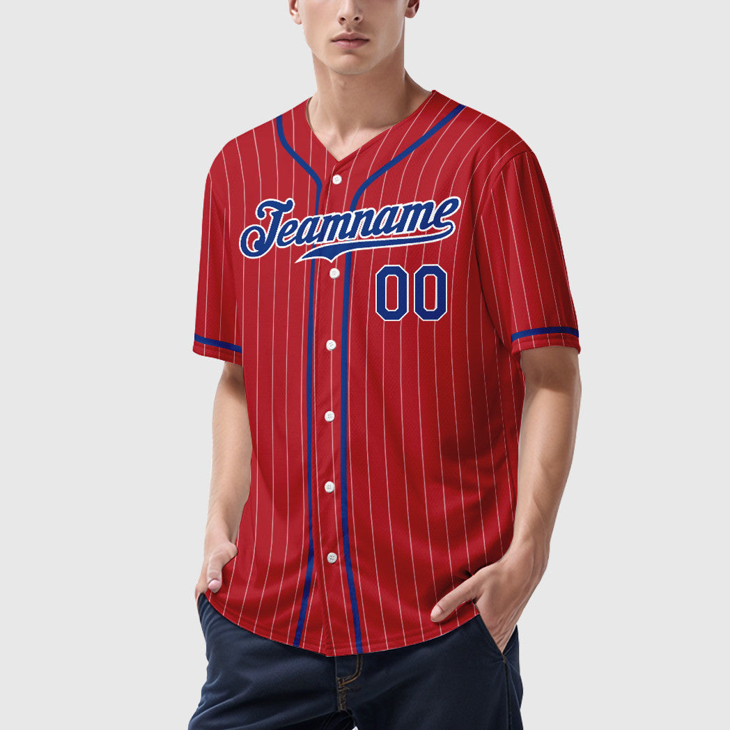 Custom Red White Royal-White Piping Pinstripe Baseball Jersey