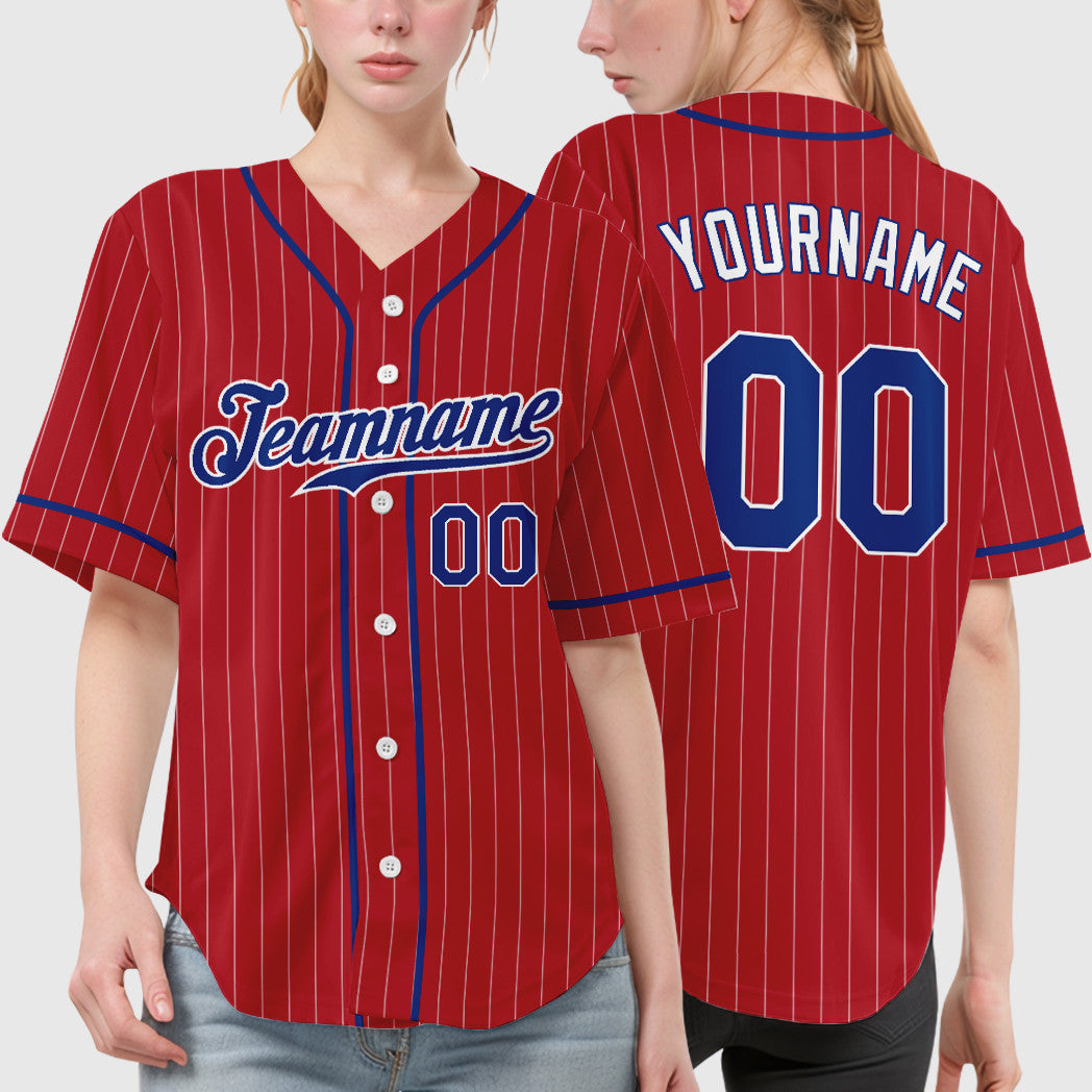 Custom Red White Royal-White Piping Pinstripe Baseball Jersey