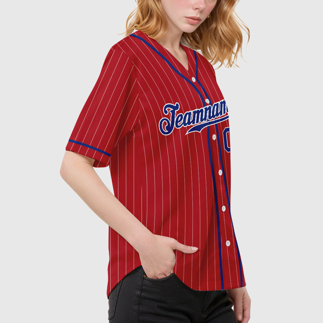 Custom Red White Royal-White Piping Pinstripe Baseball Jersey