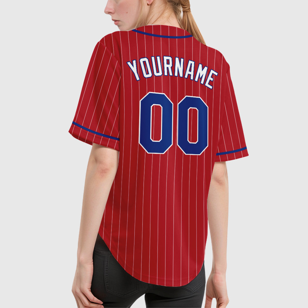 Custom Red White Royal-White Piping Pinstripe Baseball Jersey