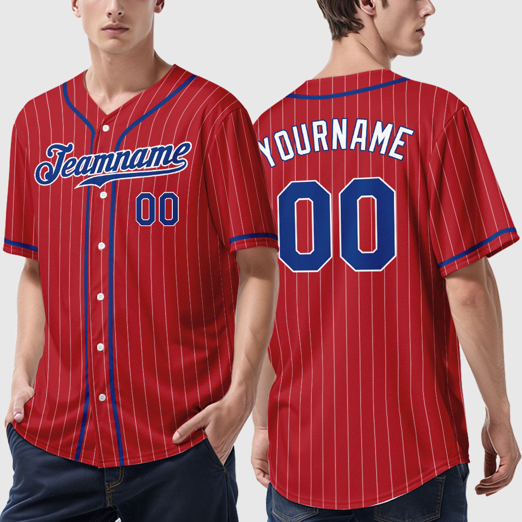 Custom Red White Royal-White Piping Pinstripe Baseball Jersey