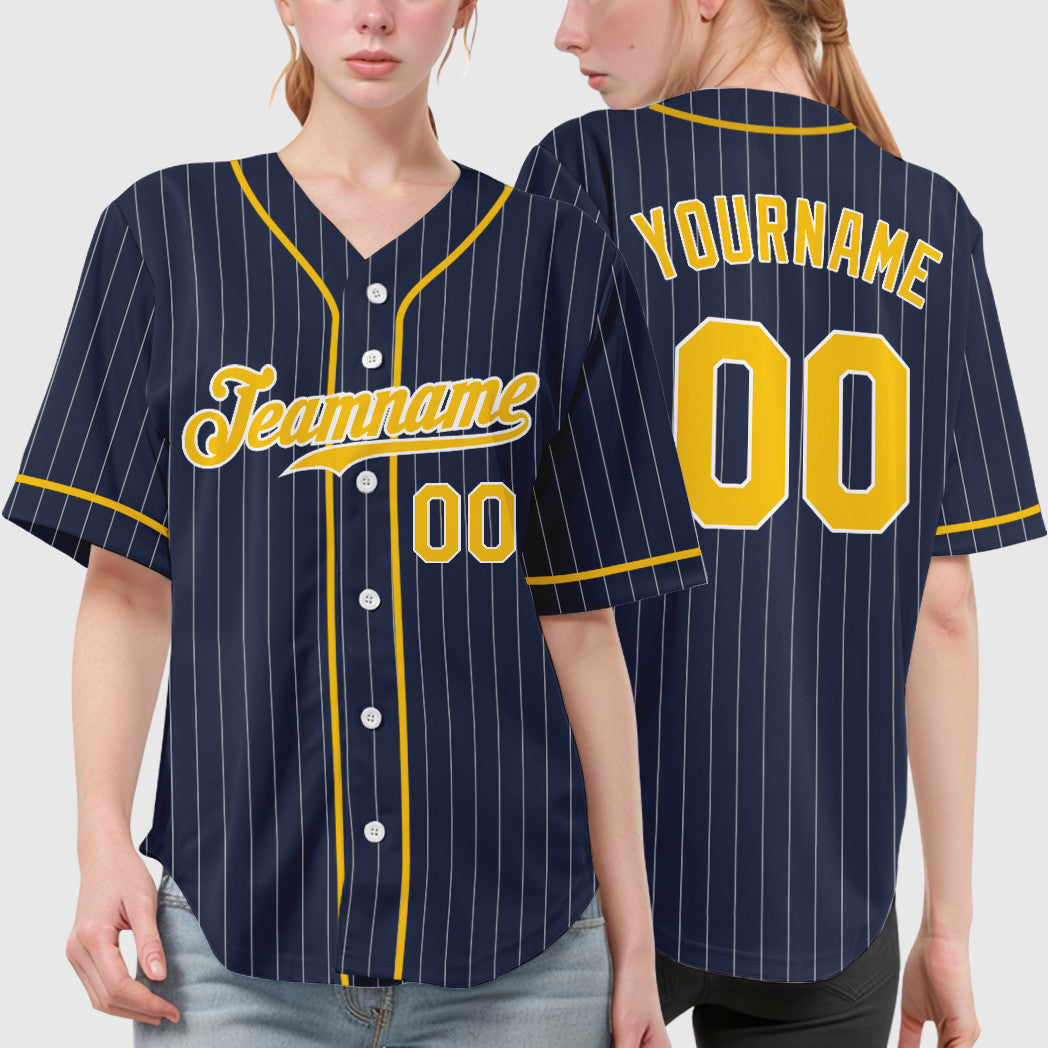 Custom Navy White Gold Piping Pinstripe Baseball Jersey
