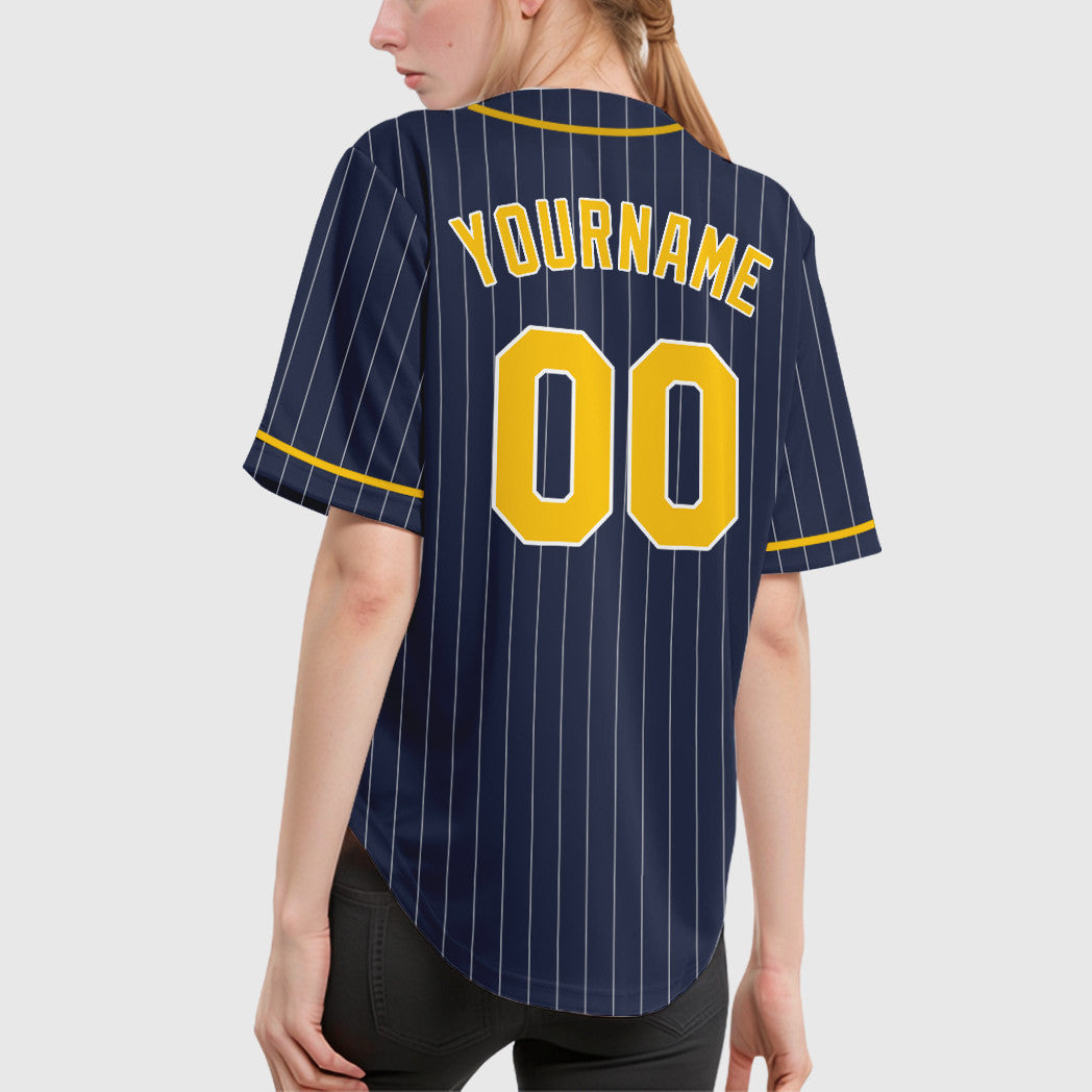 Custom Navy White Gold Piping Pinstripe Baseball Jersey