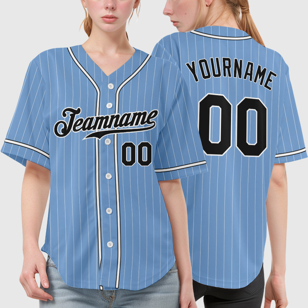 Custom Light Blue White Black Piping Pinstripe Baseball Jersey