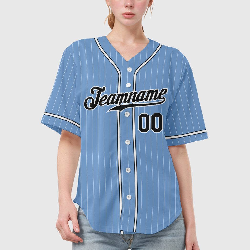 Custom Light Blue White Black Piping Pinstripe Baseball Jersey