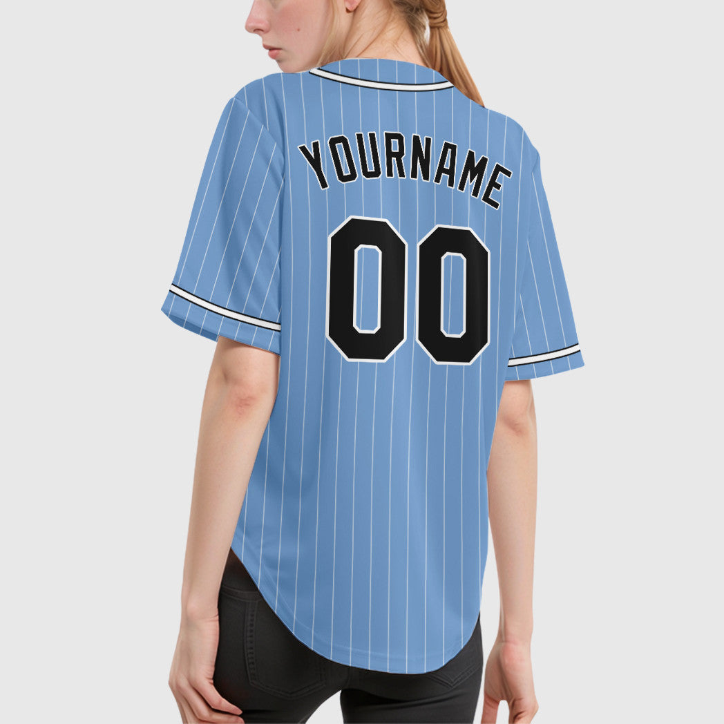 Custom Light Blue White Black Piping Pinstripe Baseball Jersey