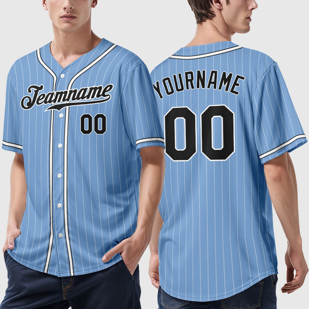 Custom Light Blue White Black Piping Pinstripe Baseball Jersey