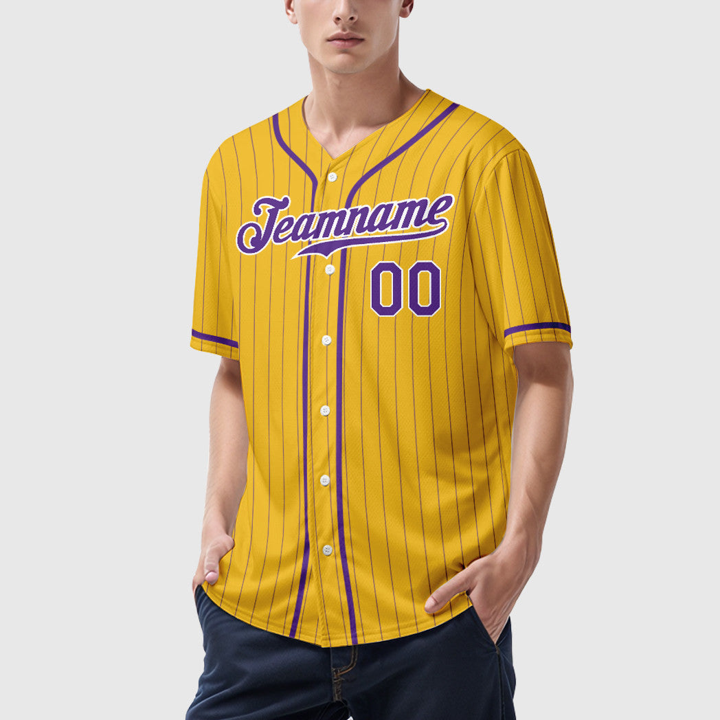 Custom Yellow Purple Purple-White Piping Pinstripe Baseball Jersey