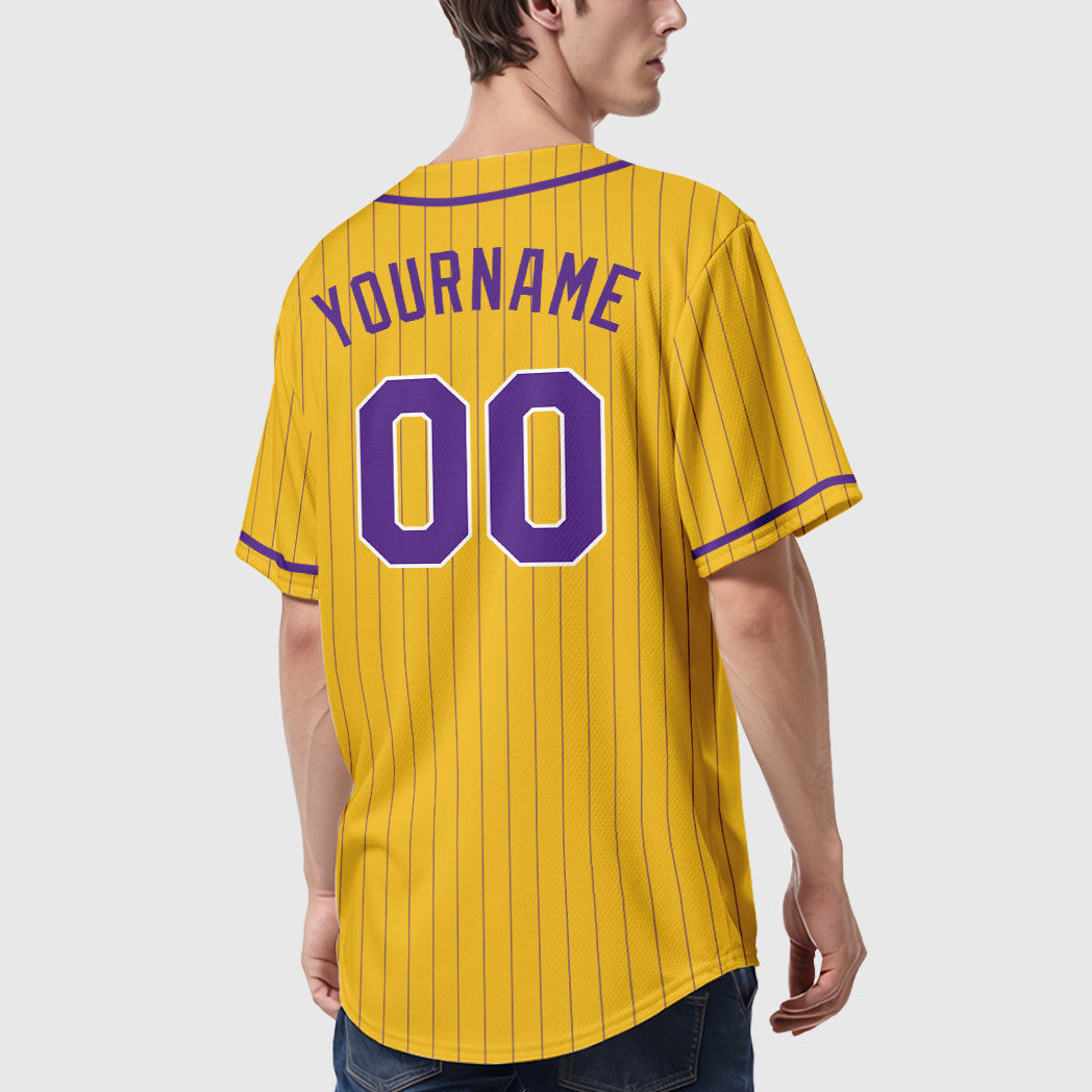 Custom Yellow Purple Purple-White Piping Pinstripe Baseball Jersey