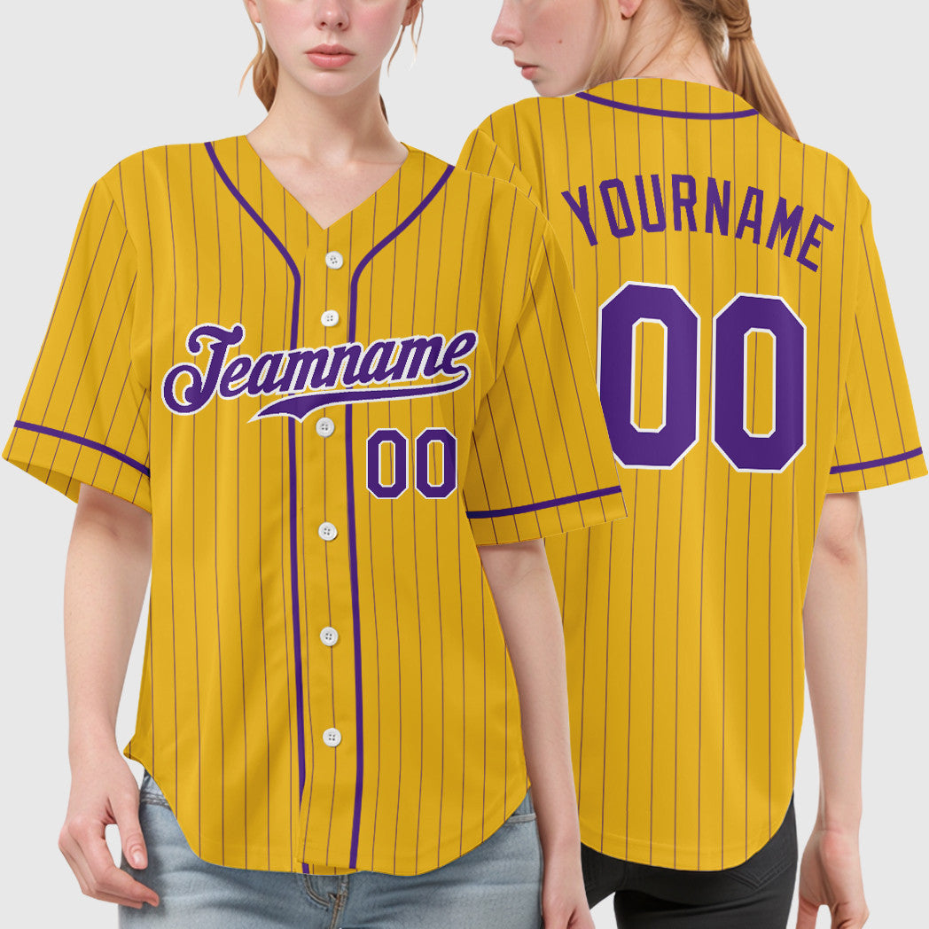Custom Yellow Purple Purple-White Piping Pinstripe Baseball Jersey