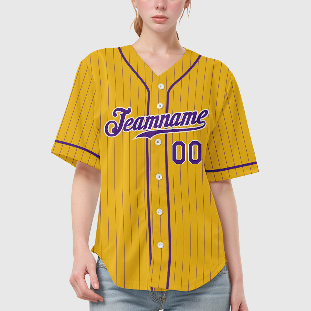 Custom Yellow Purple Purple-White Piping Pinstripe Baseball Jersey