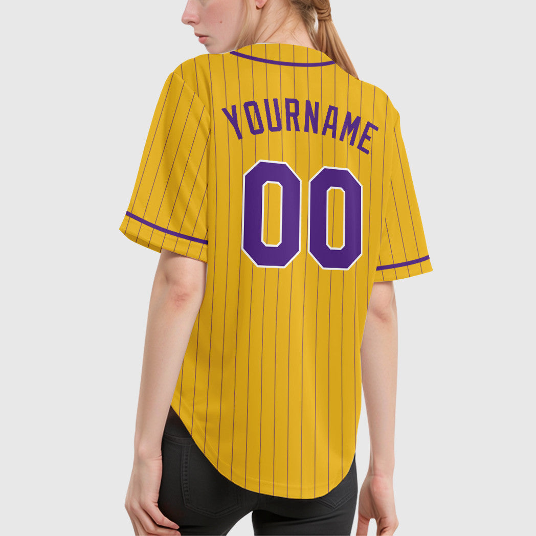 Custom Yellow Purple Purple-White Piping Pinstripe Baseball Jersey