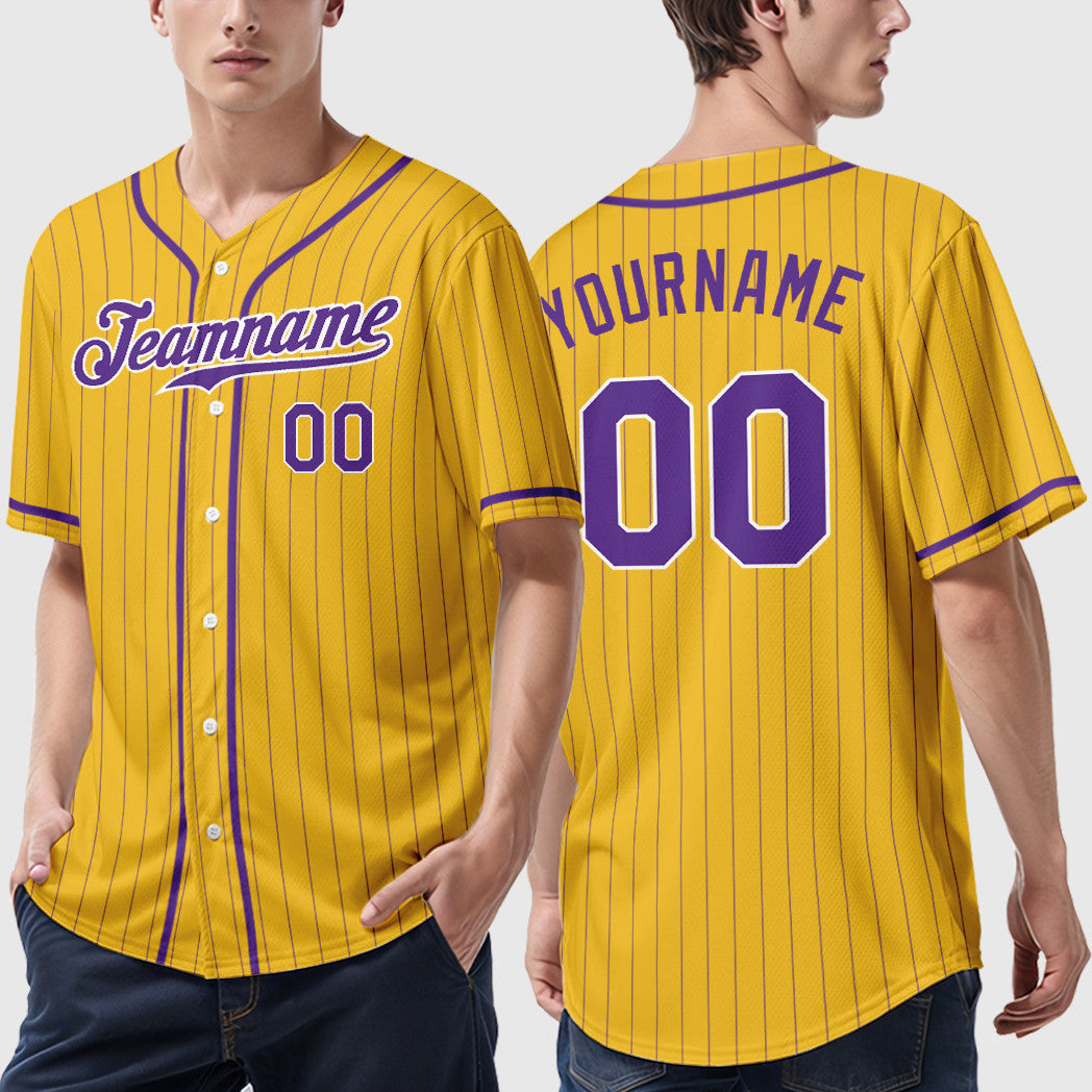 Custom Yellow Purple Purple-White Piping Pinstripe Baseball Jersey