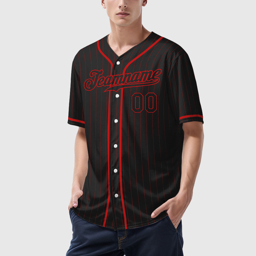 Custom Black Red Black Piping Pinstripe Baseball Jersey