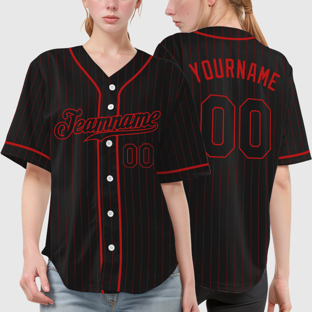 Custom Black Red Black Piping Pinstripe Baseball Jersey