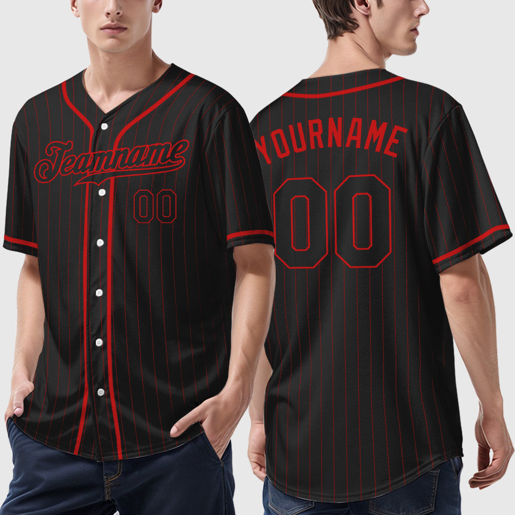 Custom Black Red Black Piping Pinstripe Baseball Jersey