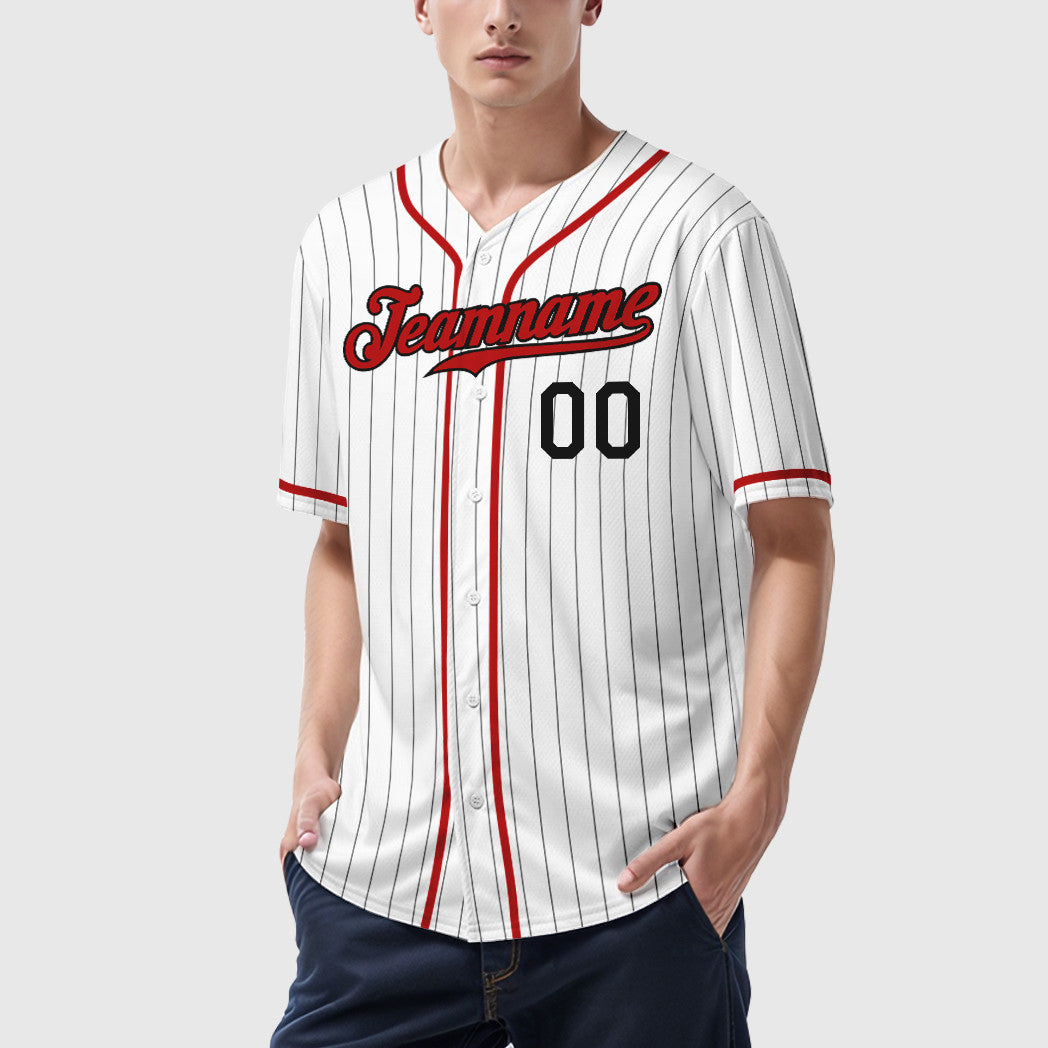 Custom White Black Red Piping Pinstripe Baseball Jersey