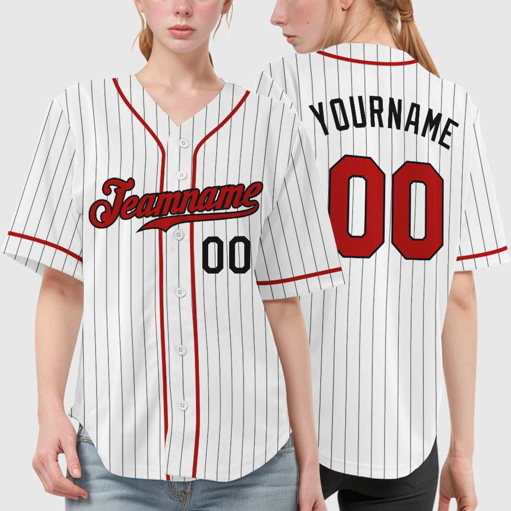 Custom White Black Red Piping Pinstripe Baseball Jersey