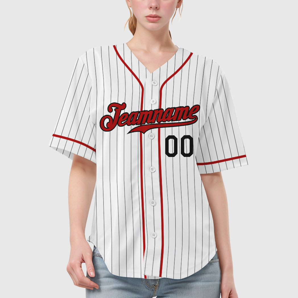 Custom White Black Red Piping Pinstripe Baseball Jersey