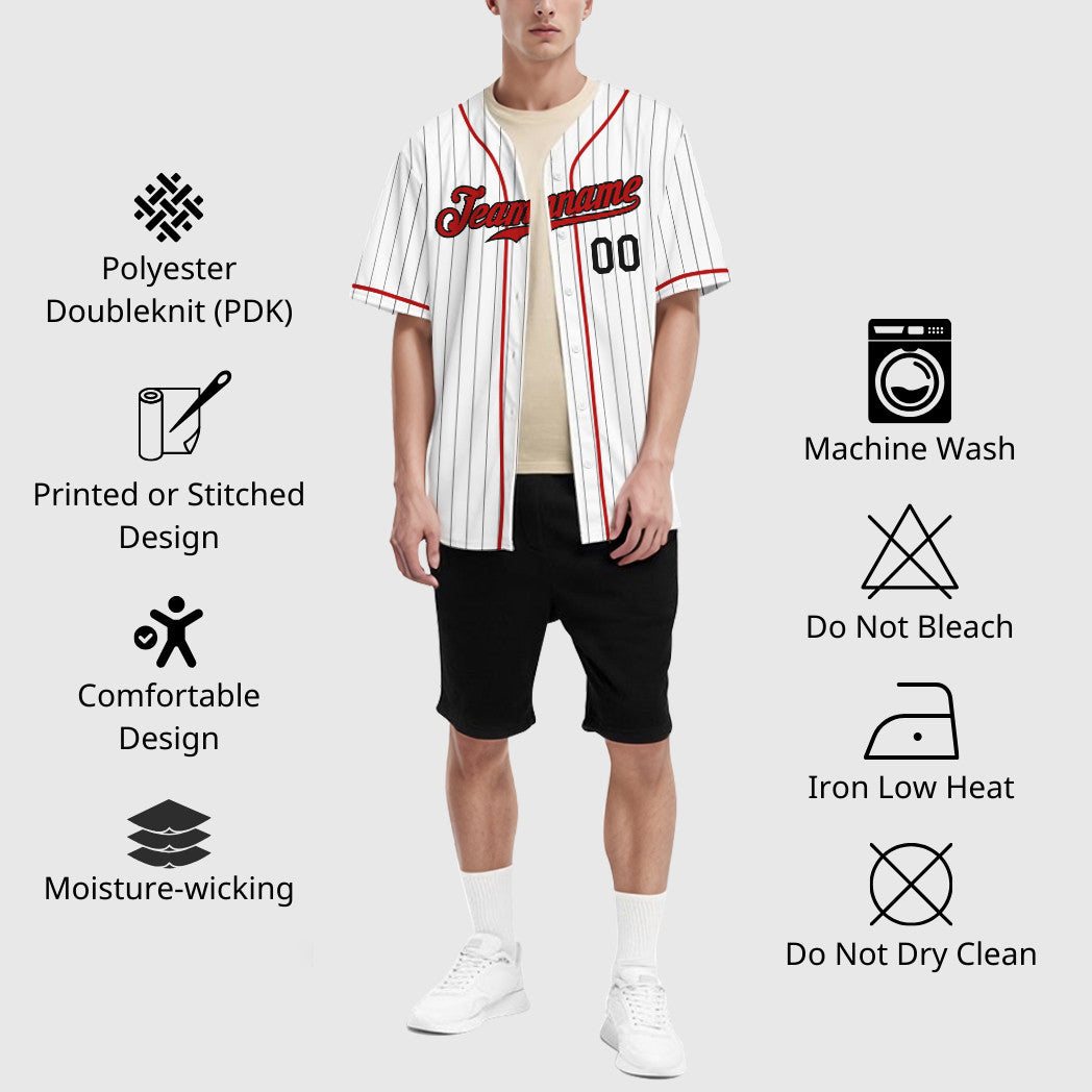 Custom White Black Red Piping Pinstripe Baseball Jersey