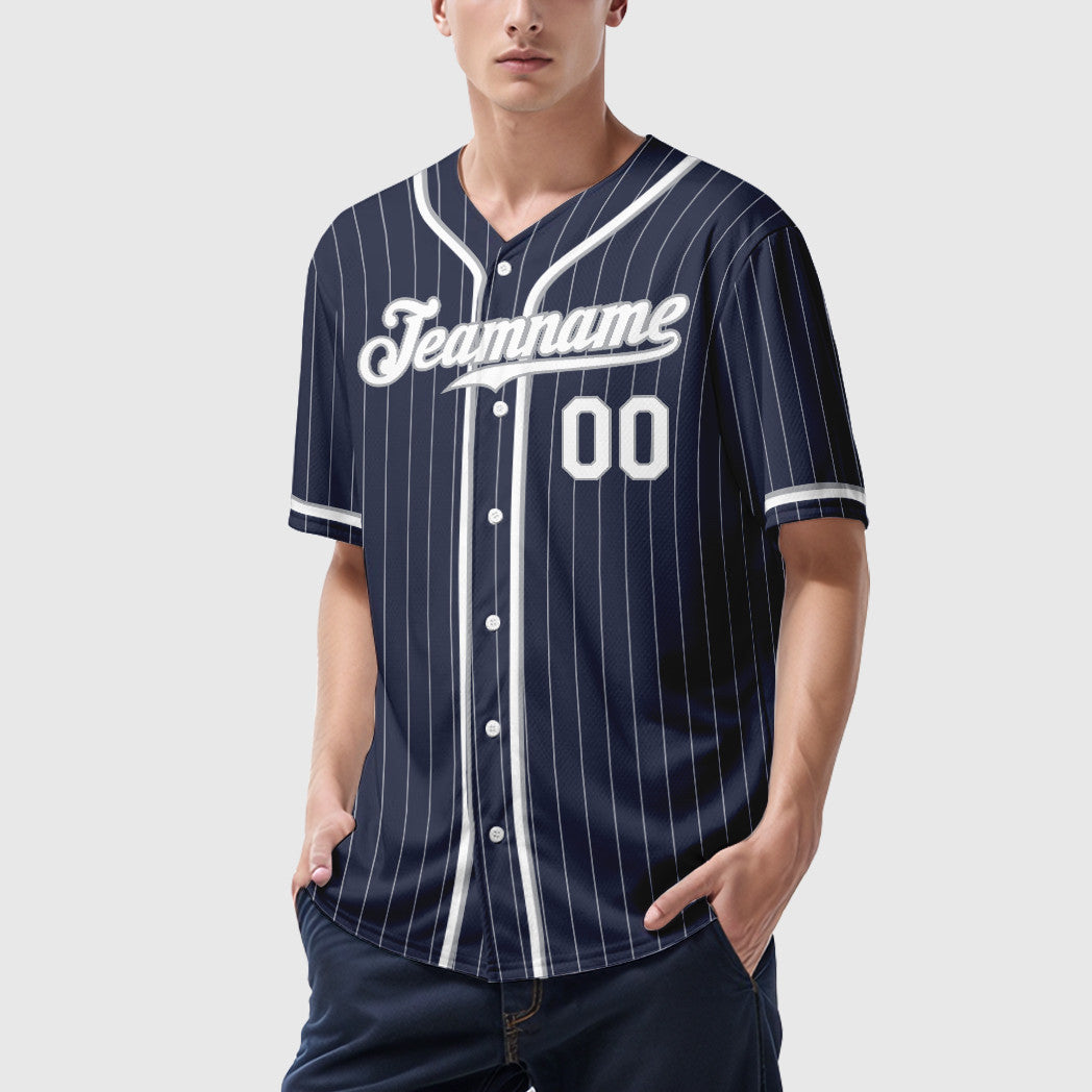 Custom Navy White White-Gray Piping Pinstripe Baseball Jersey