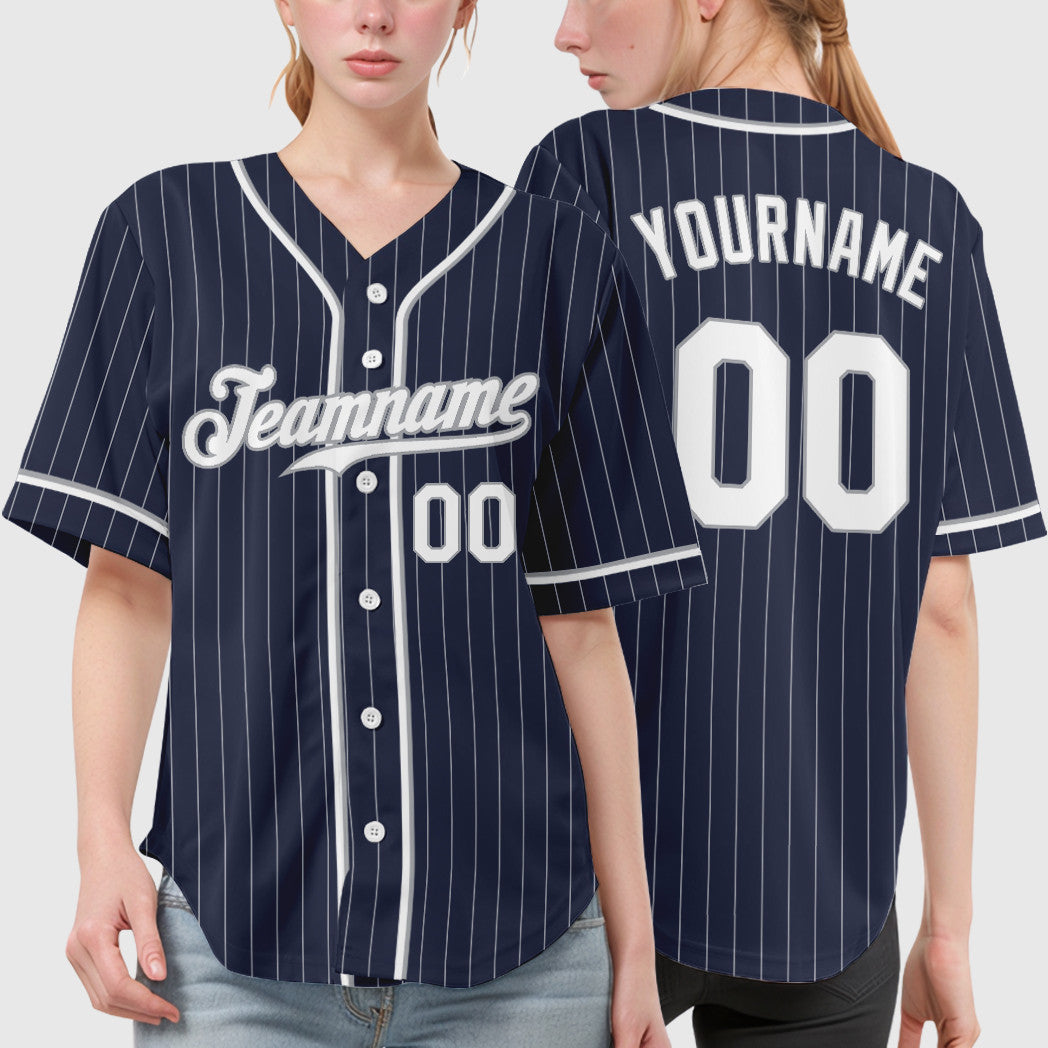 Custom Navy White White-Gray Piping Pinstripe Baseball Jersey