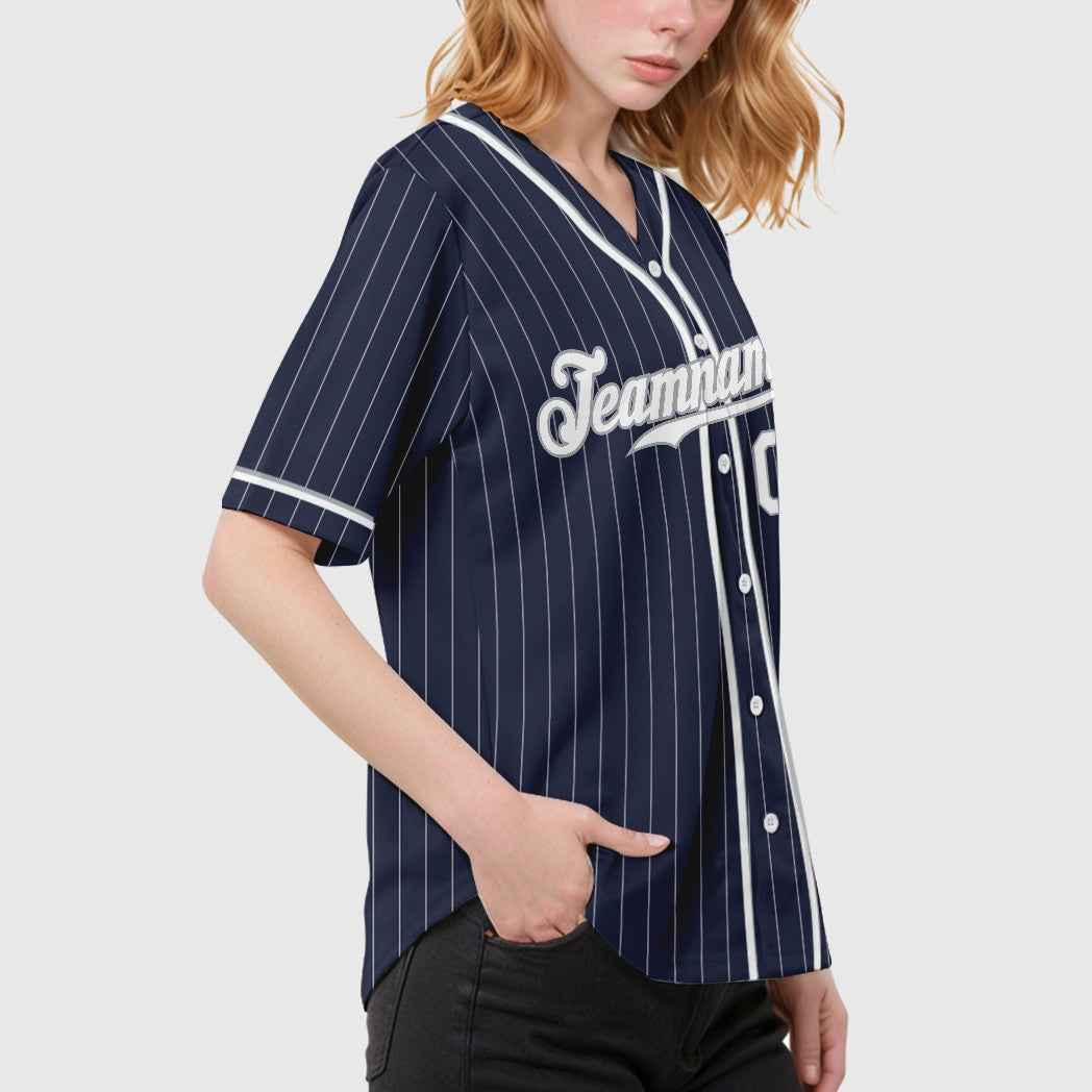 Custom Navy White White-Gray Piping Pinstripe Baseball Jersey