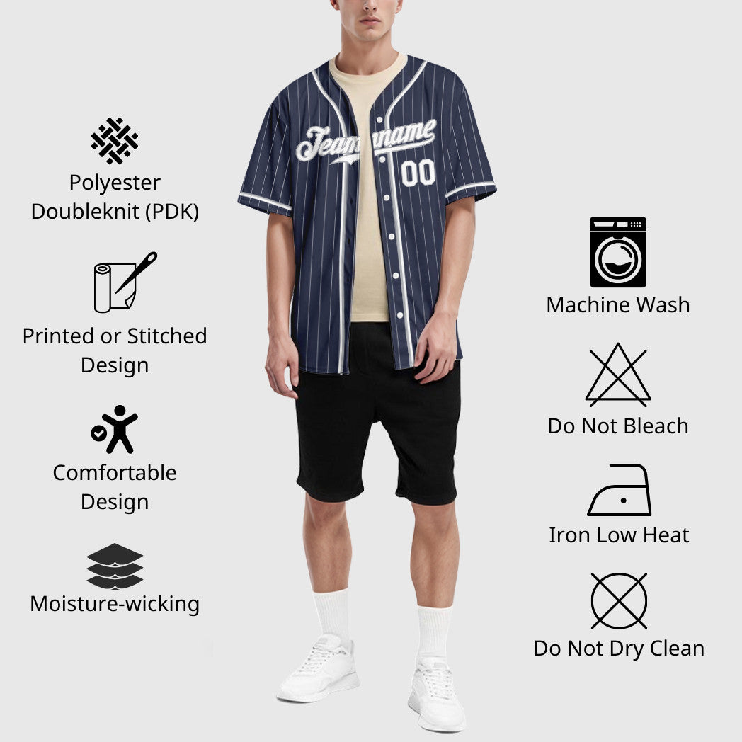 Custom Navy White White-Gray Piping Pinstripe Baseball Jersey