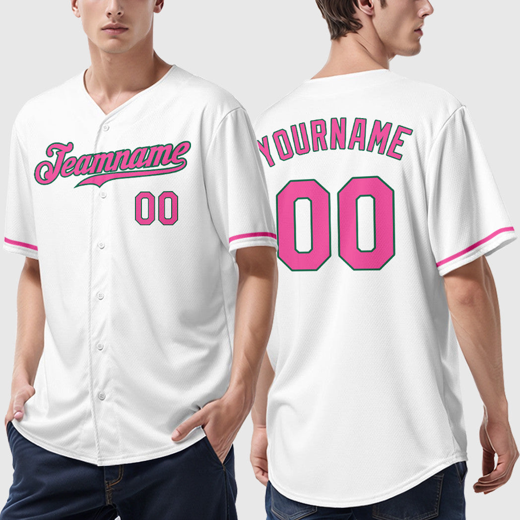 Custom White Kelly Green Pink-Kelly Green Baseball Jersey