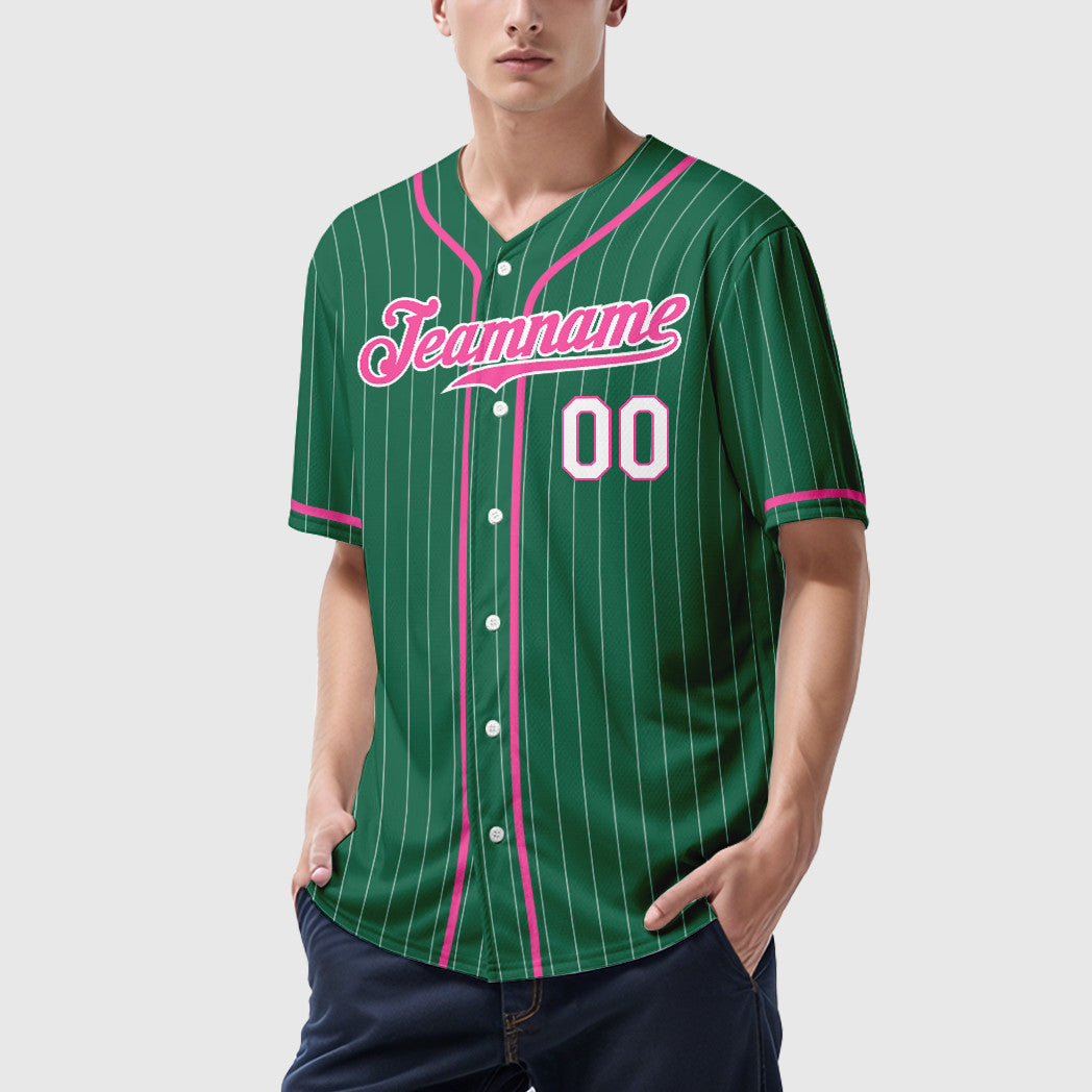 Custom Kelly Green White Pink-White Piping Pinstripe Baseball Jersey