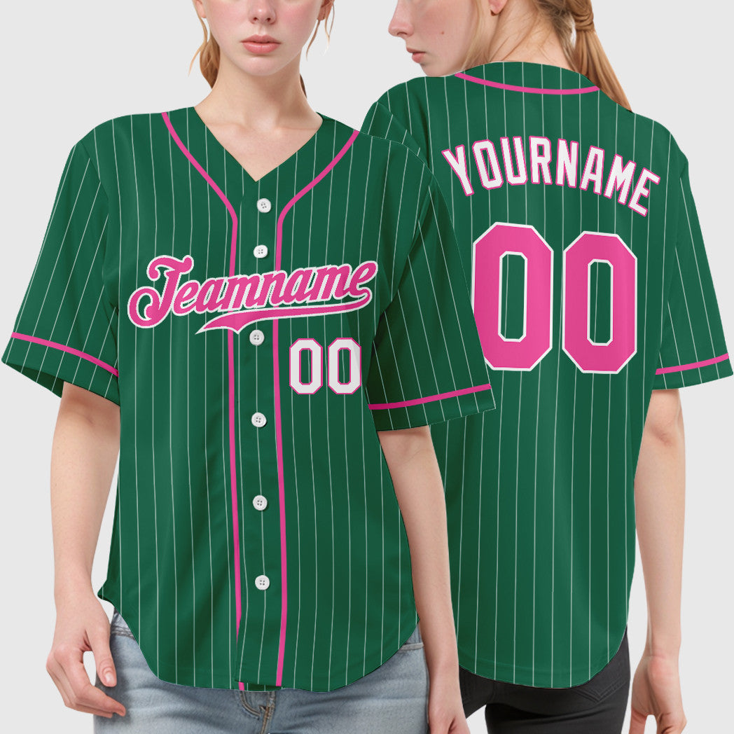 Custom Kelly Green White Pink-White Piping Pinstripe Baseball Jersey