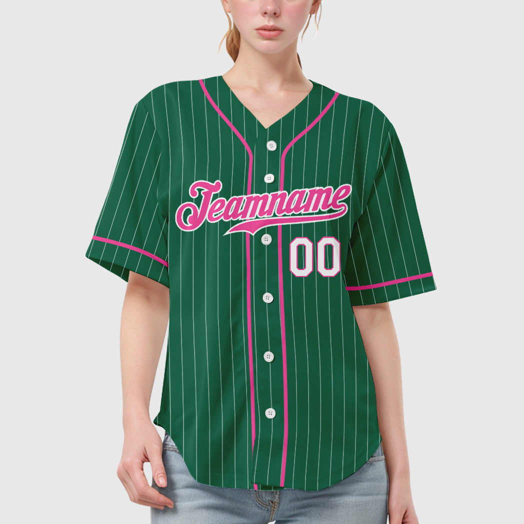 Custom Kelly Green White Pink-White Piping Pinstripe Baseball Jersey