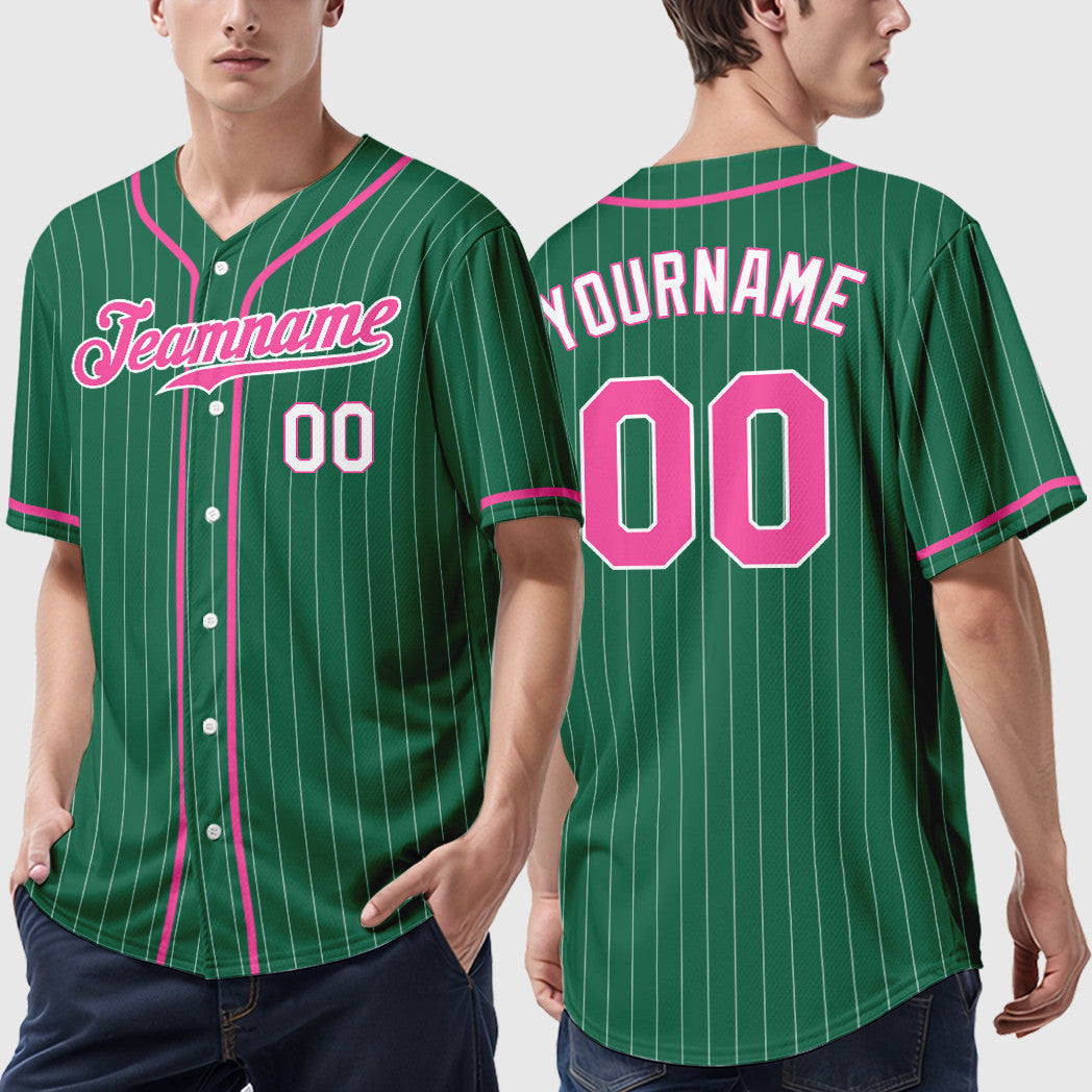Custom Kelly Green White Pink-White Piping Pinstripe Baseball Jersey