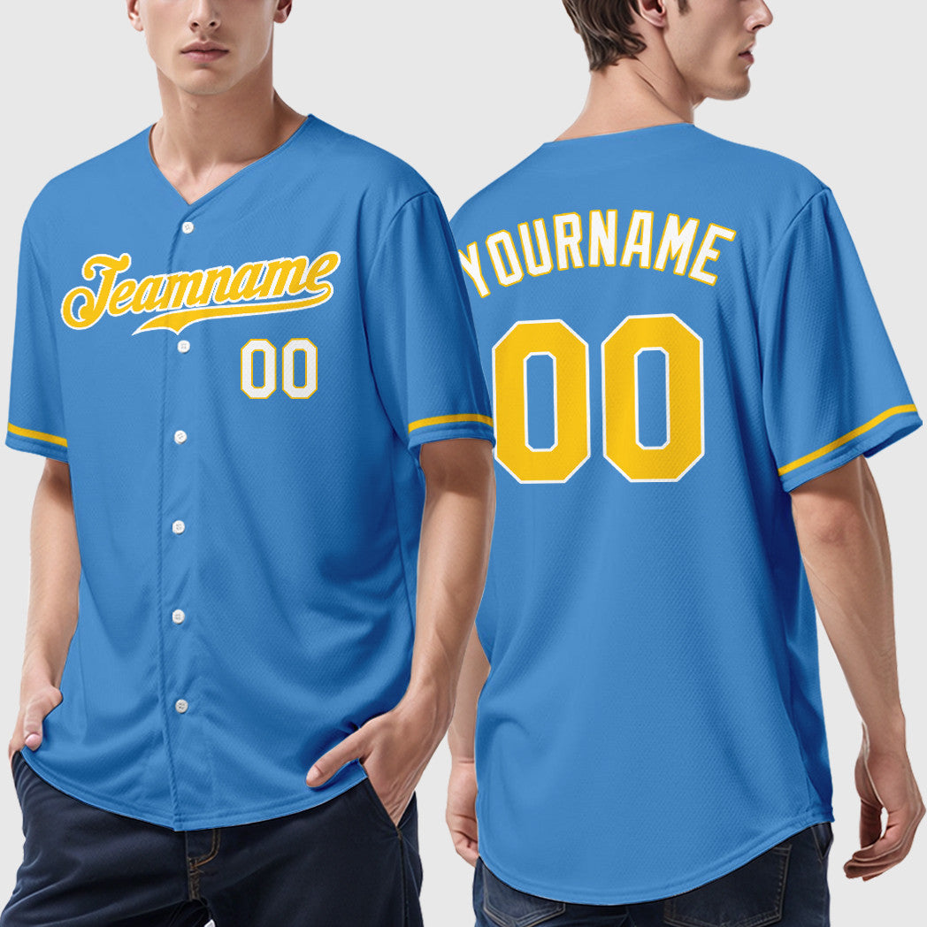 Custom Powder Blue White Gold-White Baseball Jersey