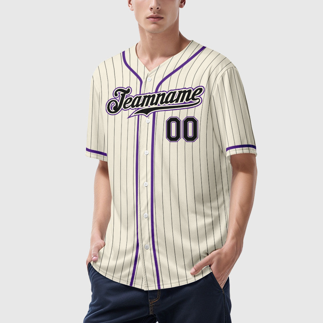 Custom Cream Black Black-Purple Piping Pinstripe Baseball Jersey