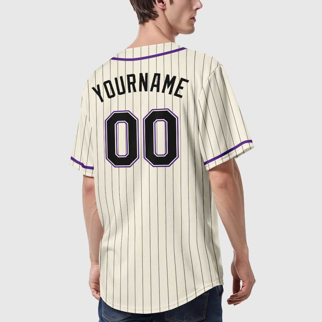 Custom Cream Black Black-Purple Piping Pinstripe Baseball Jersey