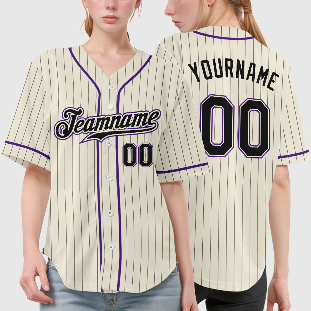 Custom Cream Black Black-Purple Piping Pinstripe Baseball Jersey