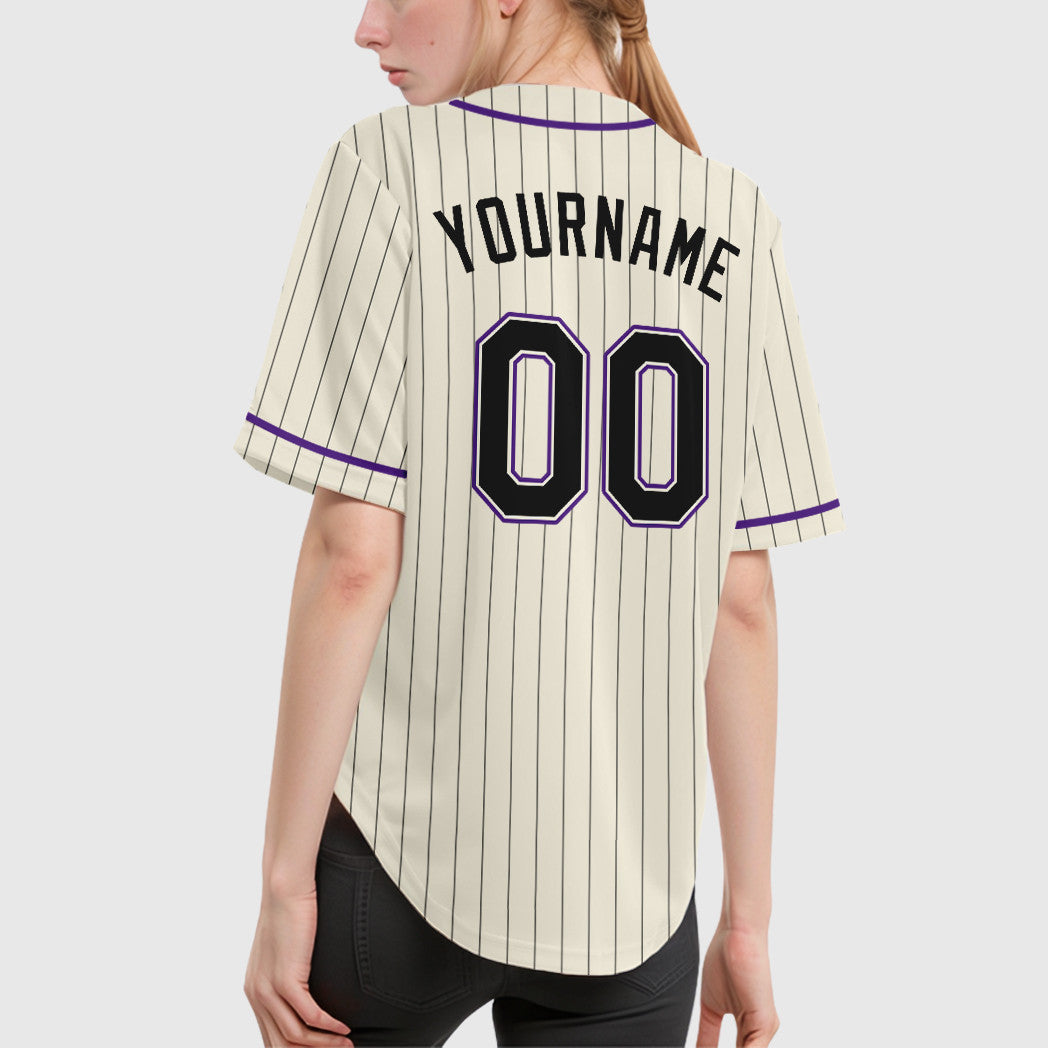 Custom Cream Black Black-Purple Piping Pinstripe Baseball Jersey