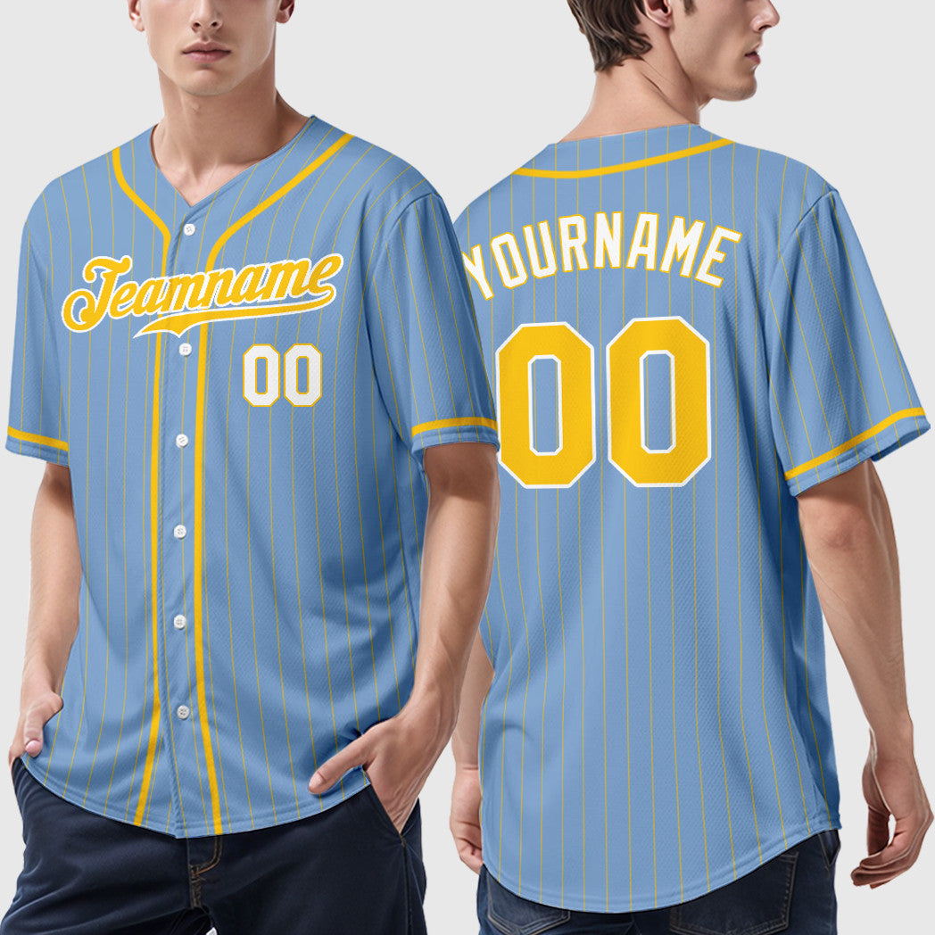 Custom Light Blue Gold Gold-White Piping Pinstripe Baseball Jersey