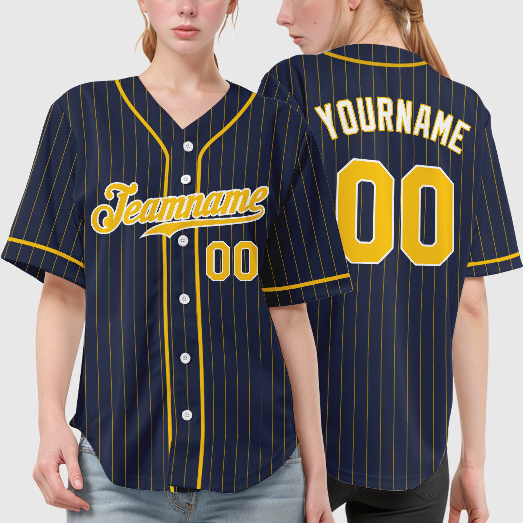 Custom Navy Gold Gold-White Piping Pinstripe Baseball Jersey