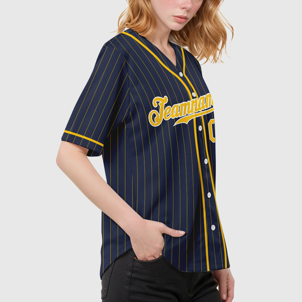 Custom Navy Gold Gold-White Piping Pinstripe Baseball Jersey