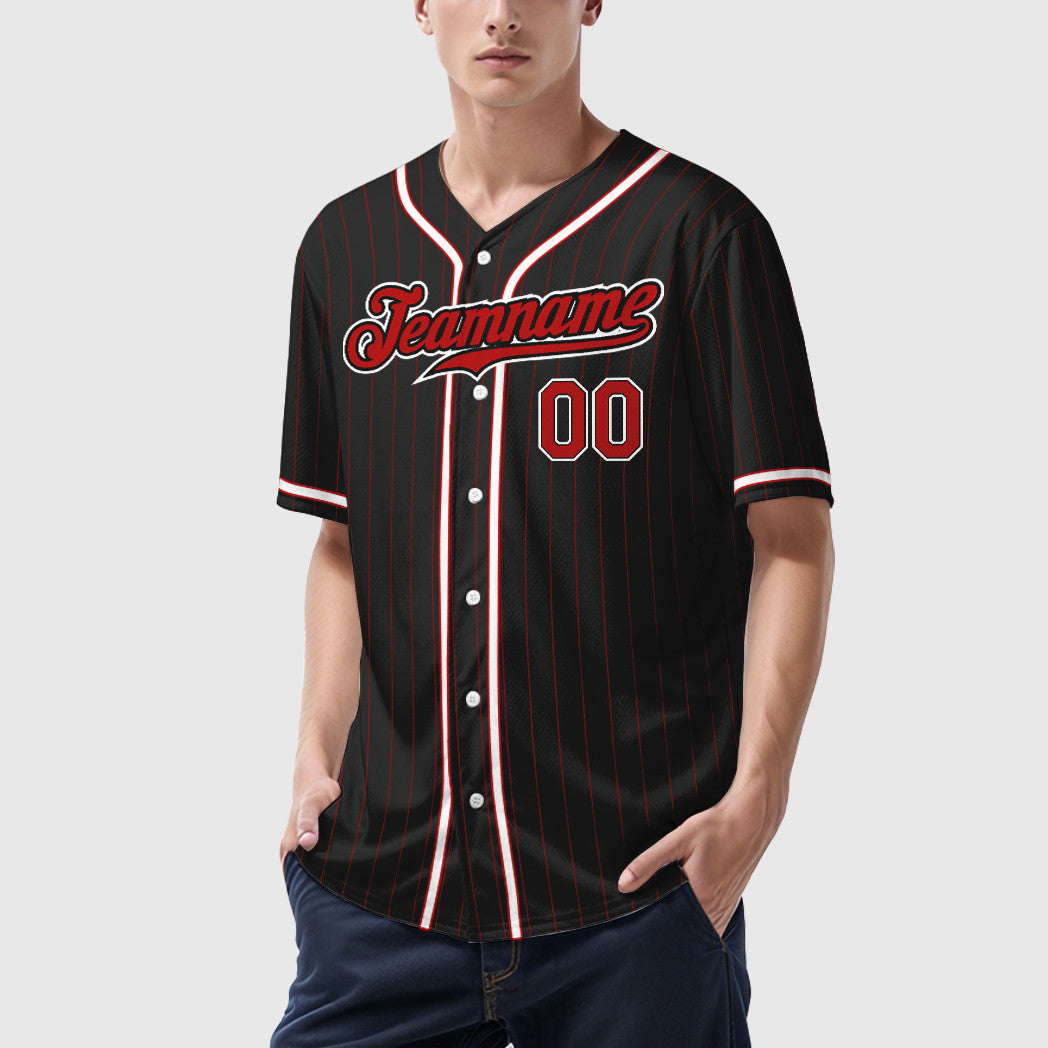 Custom Black Red Red-White Piping Pinstripe Baseball Jersey