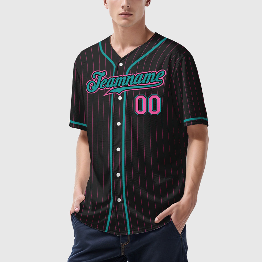 Custom Black Pink Pink-Teal Piping Pinstripe Baseball Jersey