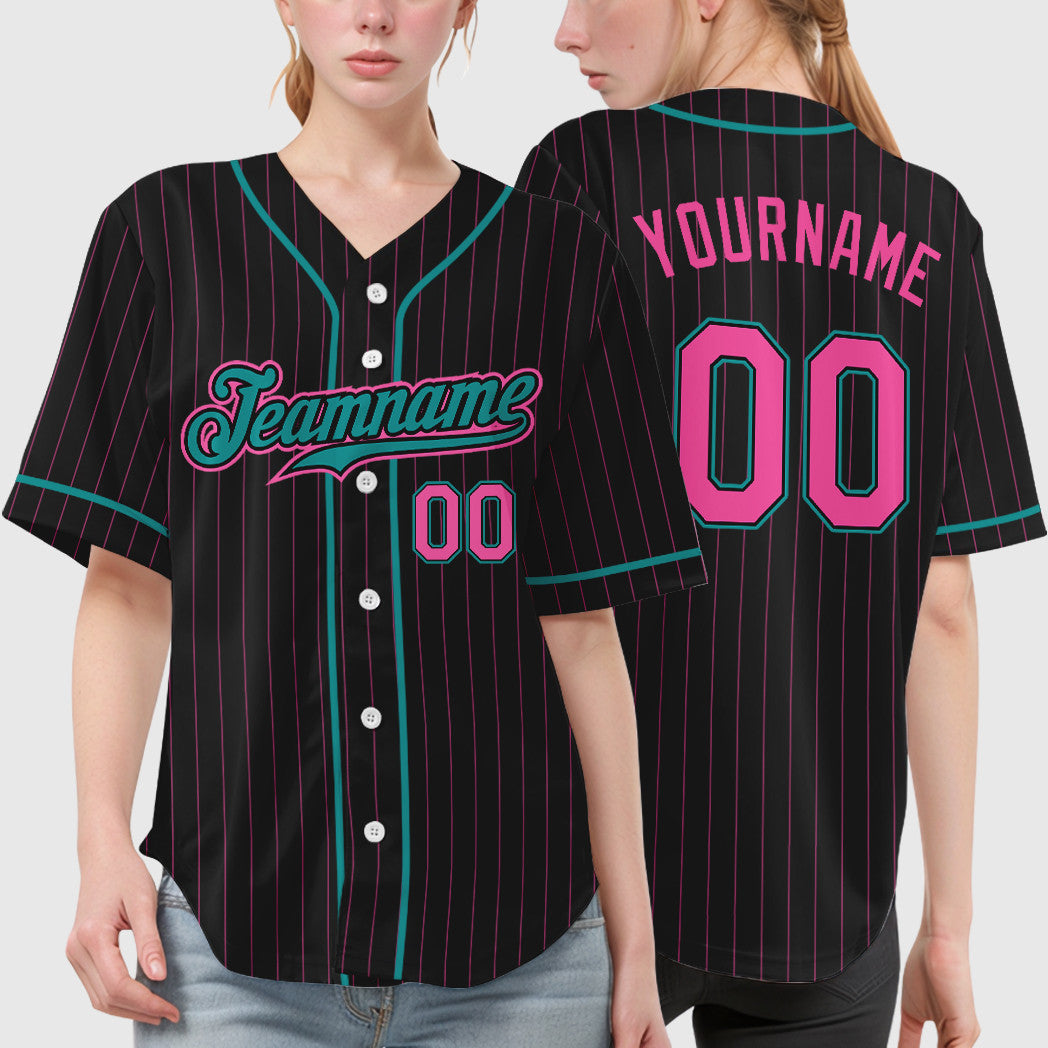 Custom Black Pink Pink-Teal Piping Pinstripe Baseball Jersey