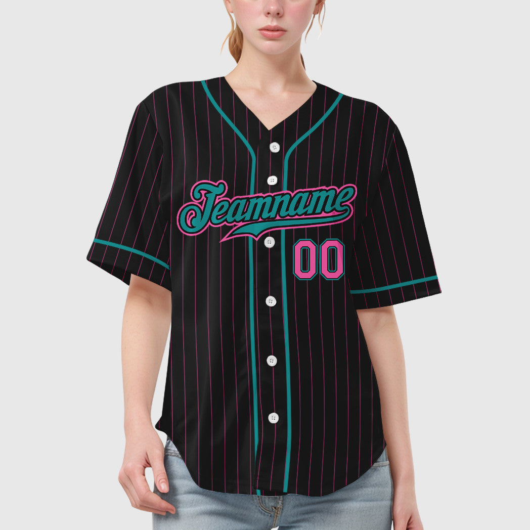 Custom Black Pink Pink-Teal Piping Pinstripe Baseball Jersey
