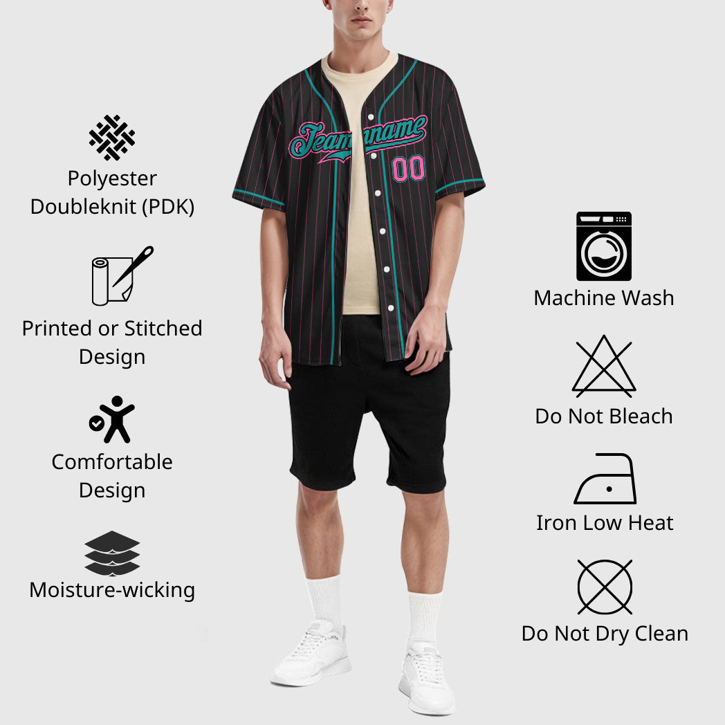 Custom Black Pink Pink-Teal Piping Pinstripe Baseball Jersey